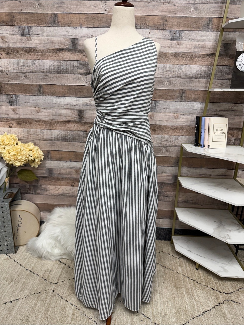 Commense Grey/White Striped 1 Shoulder Dress M